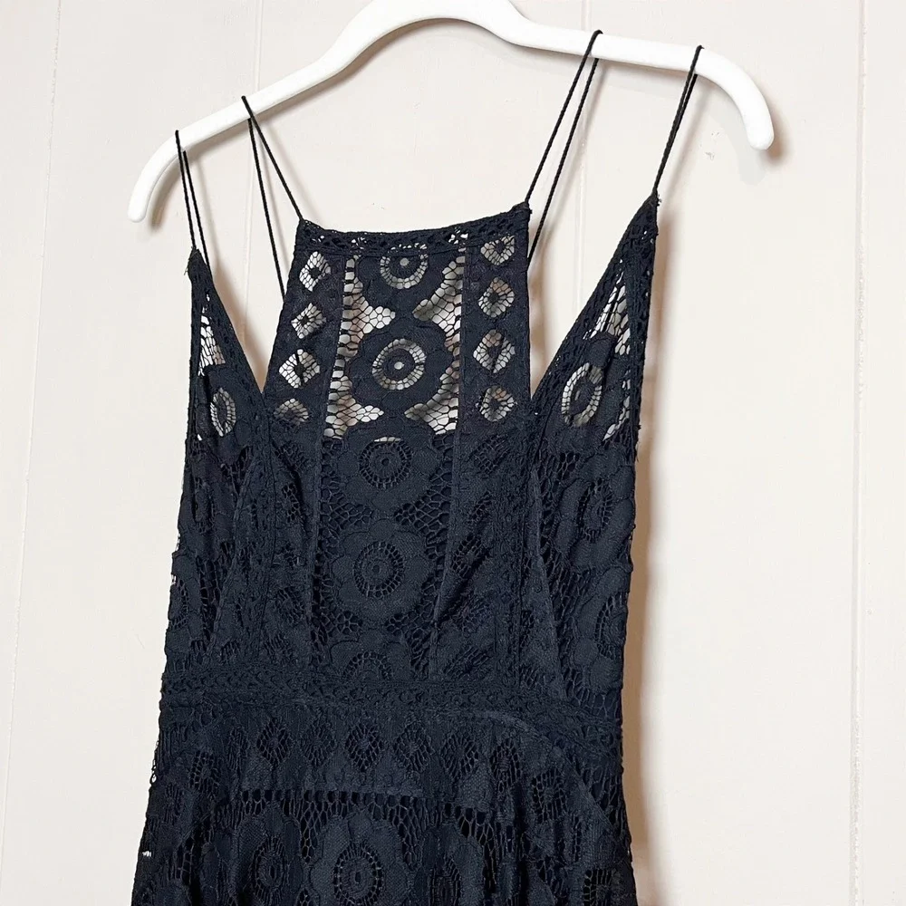 Free People Just Like Honey Black Lace Dress 2 Handkerchief Hem Open Back Midi